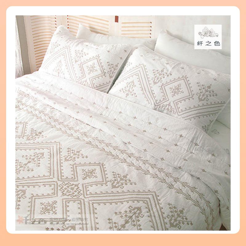 ā出口欧式复古美式纯色白色绗缝被三件套床上用品夏凉被床盖