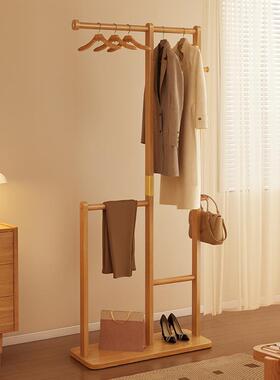 新中式实木落地挂衣架入户门后挂包衣帽架置物架床边晚上放衣服架