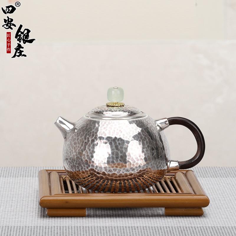 典工堂银茶壶玛瑙绿珠锤纹泡茶壶纯手工家用茶具超轻克重冲泡茶器