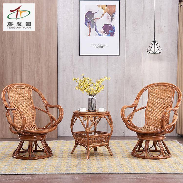 藤制中式真藤转椅三件套民宿休闲藤编桌椅编藤家具制定