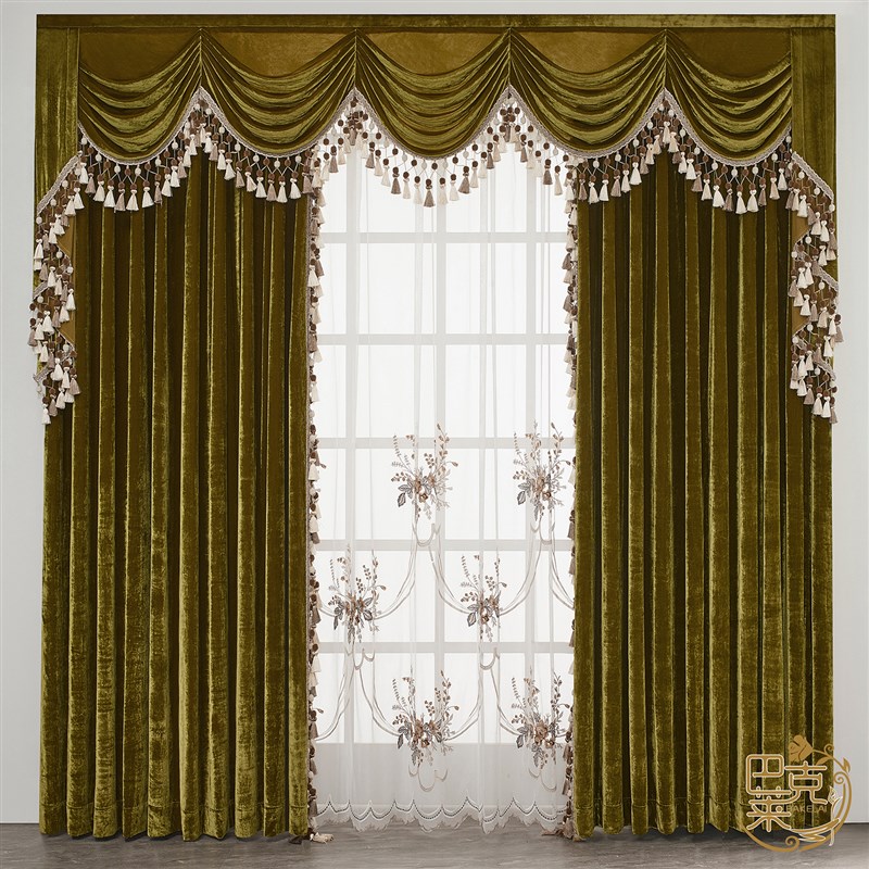 欧式窗帘客厅奢华大气茶色卧室法式复古别墅绒布纯色帘头幔真丝绒