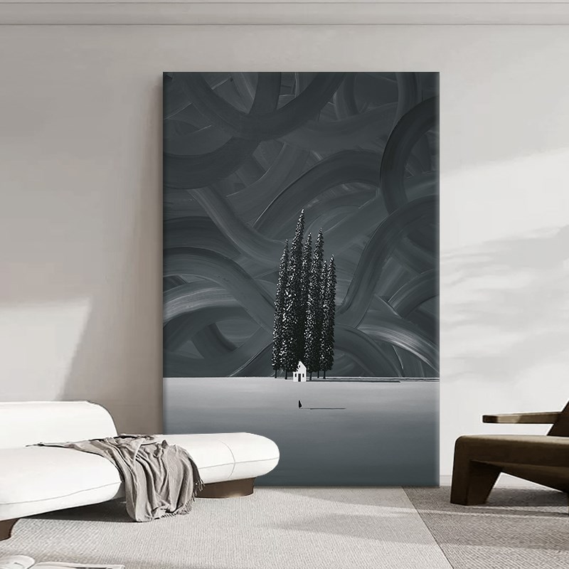 黑白抽象建筑风景手绘油画客厅侘寂风装饰画餐厅走廊尽头玄关挂画图片