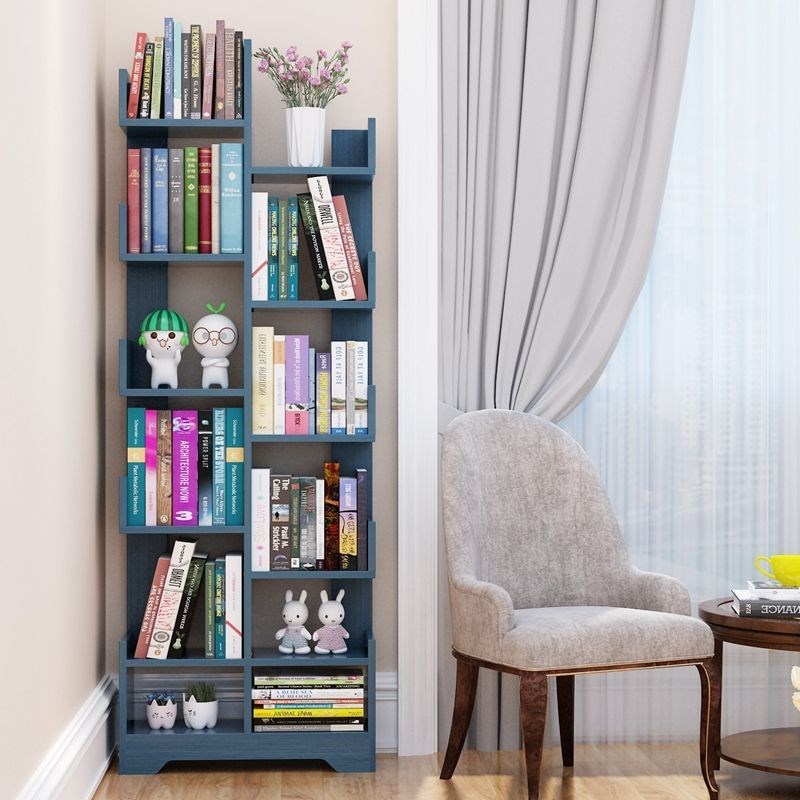 书架儿童不占空间简易落地置物架客厅实木书柜子学生家用一体靠墙