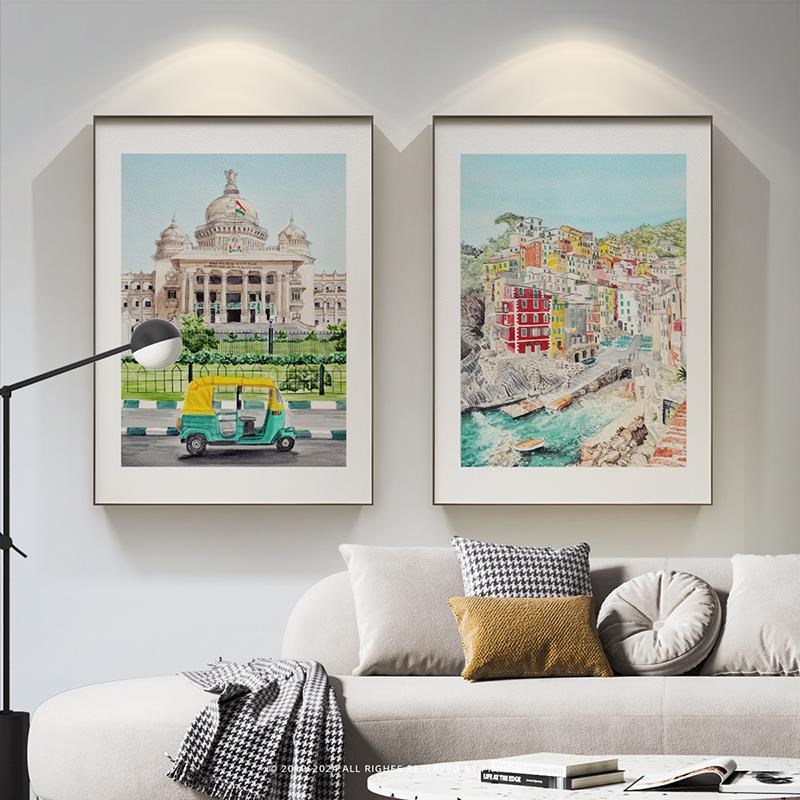 客厅组合装饰画小清新卧室床头插画餐厅建筑唯美风景挂画图片