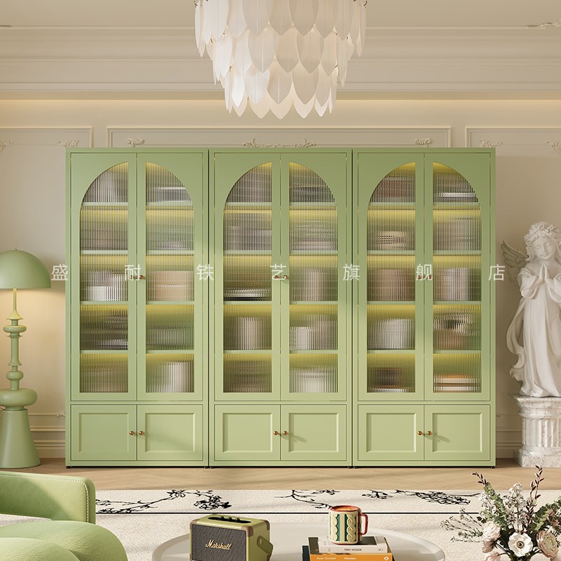 法式奶油风去客厅化满墙书柜一体整墙书房书架展示柜铁艺无甲醛柜