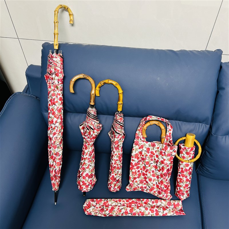 新款日式手动竹手柄时尚花伞黑胶超强晴雨兼用女出口