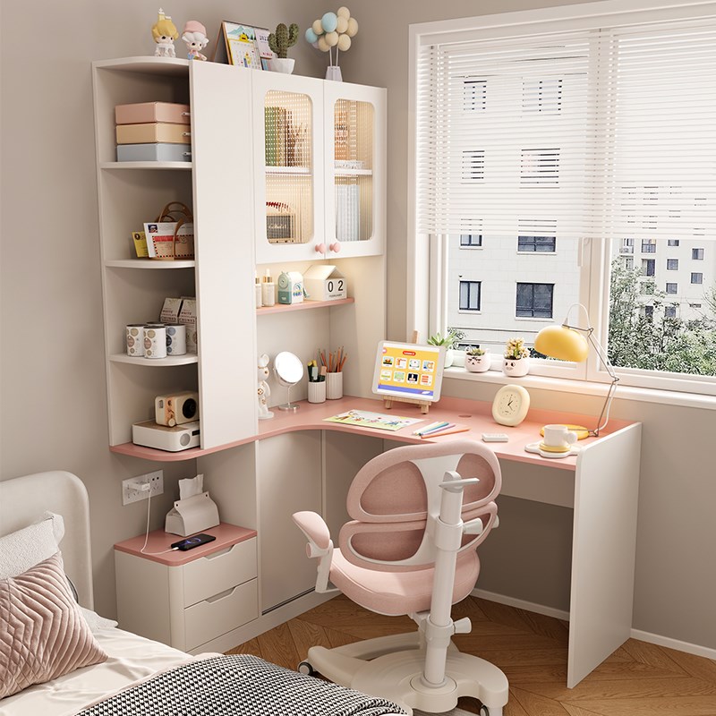 奶油风儿童学习桌家用卧室小户型转角书架书桌一体床头柜组合定制
