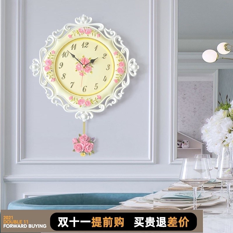 欧式创意田园缕空挂钟摇摆静音客厅卧室挂表装饰时钟表石英钟挂墙