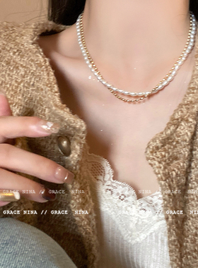 温柔风~法式米粒双层珍珠项链2024新款爆款锁骨链女高级感毛衣链