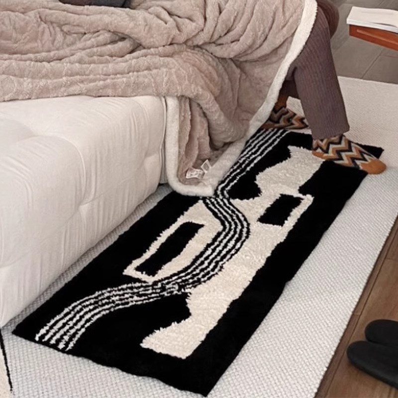 北欧ins风簇绒地毯长条客厅卧室床边毯黑白长绒床前仿羊绒地垫