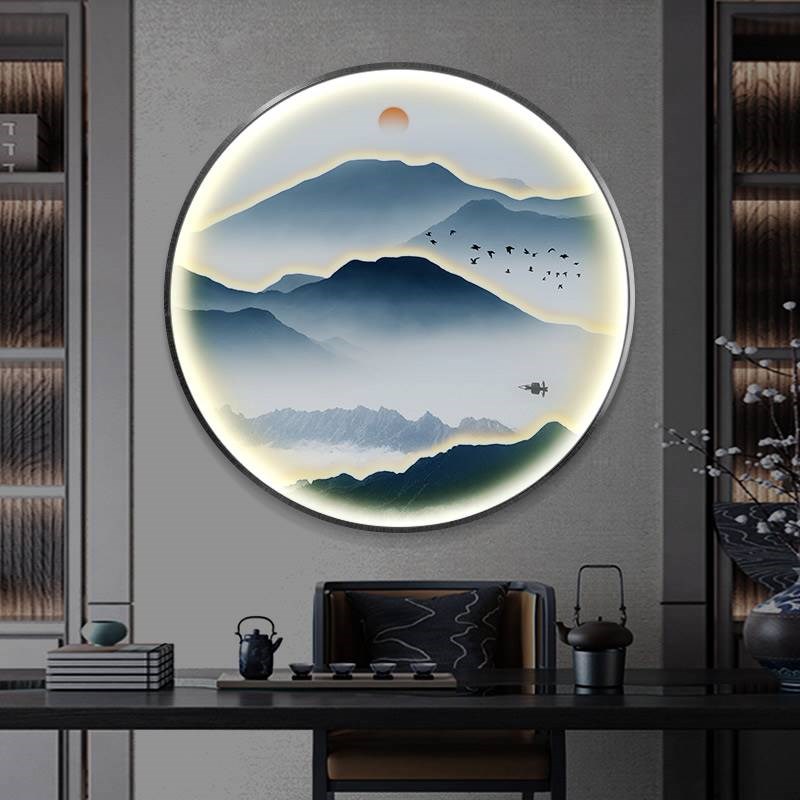 新中式装饰画圆形禅意背景墙灯画过道山水卧室玄关发光晶瓷挂画图片