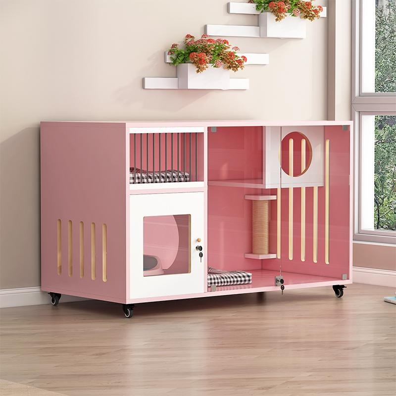 猫别墅粉色猫屋家用猫笼子室内猫笼猫厕一体猫窝 猫舍实木猫柜子