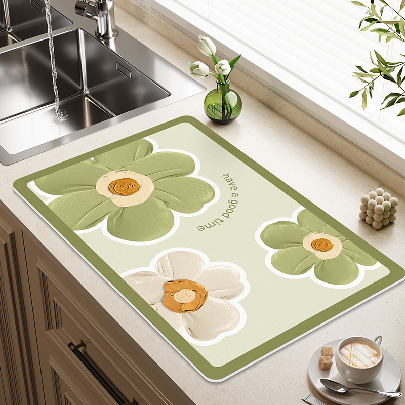 花卉硬矽藻泥吸水凉垫咖啡机厨房台面沥水垫吸水洗手台防滑隔热碗