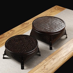 日式收纳盒家用圆形复古带盖茶具整理筐水果篮竹篮托盘竹制品