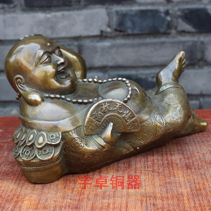 宇卓铜器纯铜弥勒佛黄铜逍遥佛高枕无忧弥勒佛工艺品桌面摆件