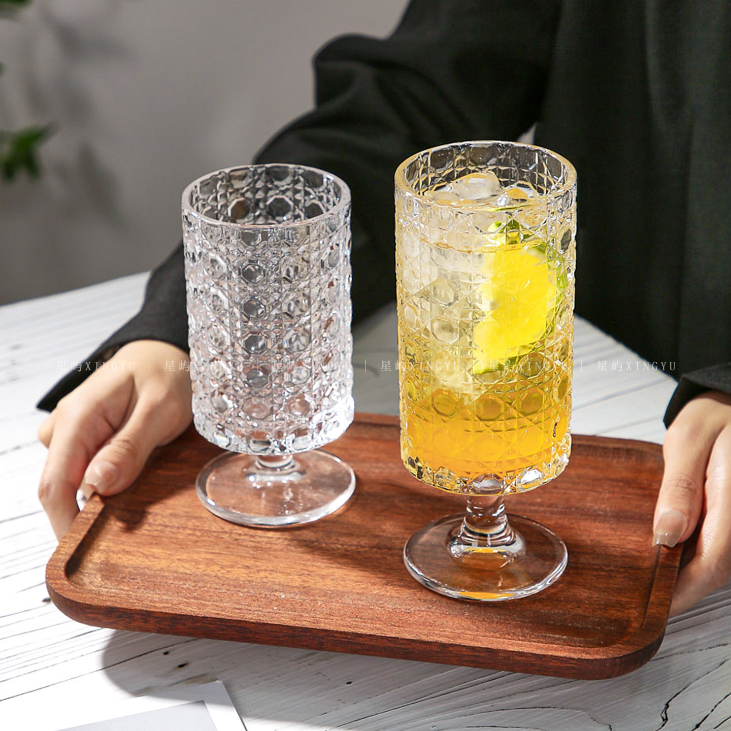 高脚玻璃杯ins风女高颜值水杯家用高级感轻奢大容量牛奶杯咖啡杯