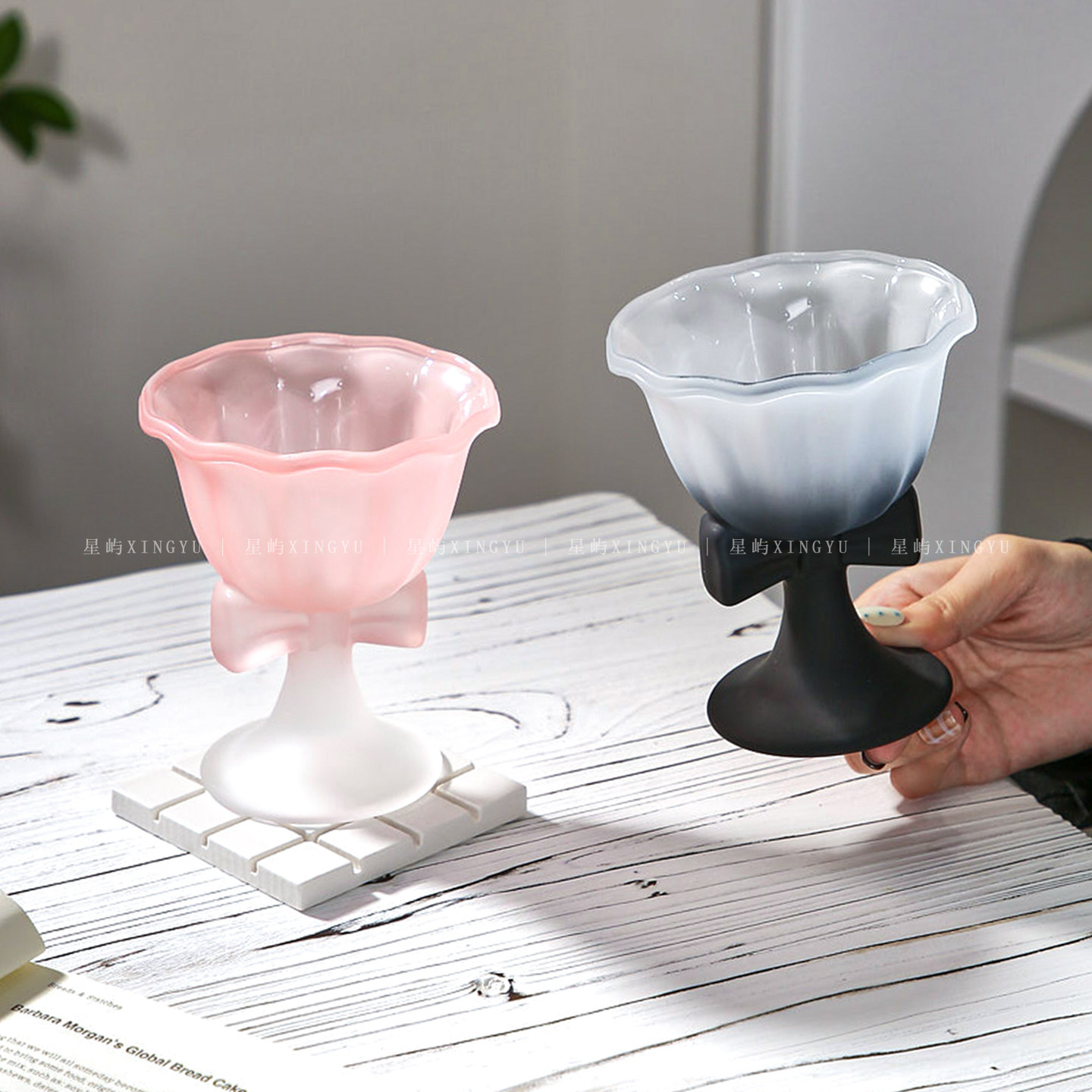 创意带色蝴蝶结玻璃杯甜品杯家用