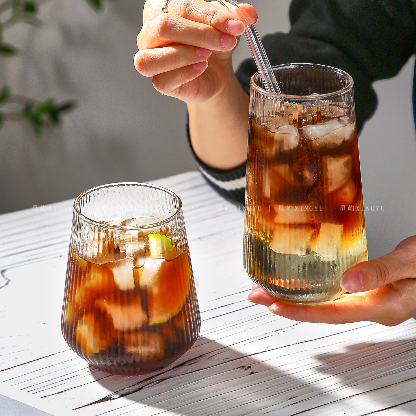条纹创意咖啡杯玻璃杯ins风女高颜值水杯家用高硼硅大容量牛奶杯