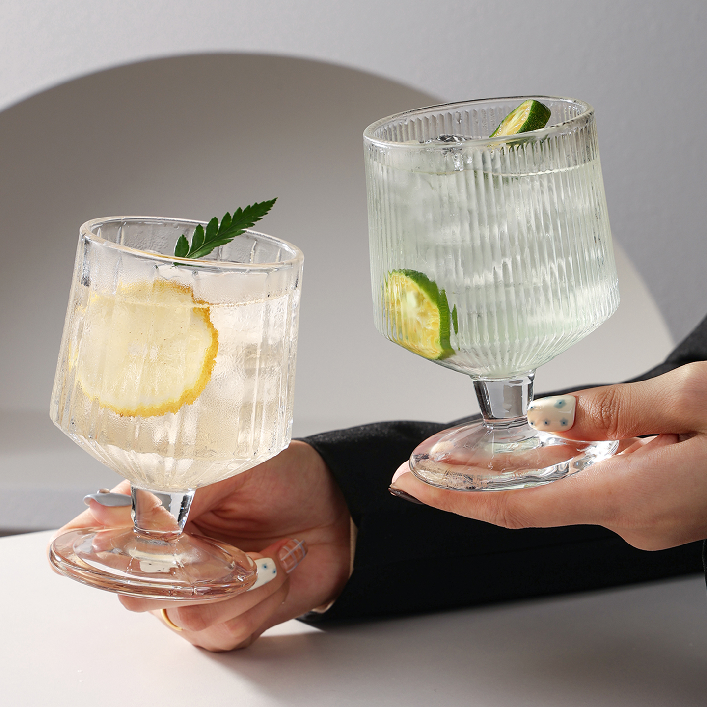 竖条纹矮脚玻璃杯女士高颜值