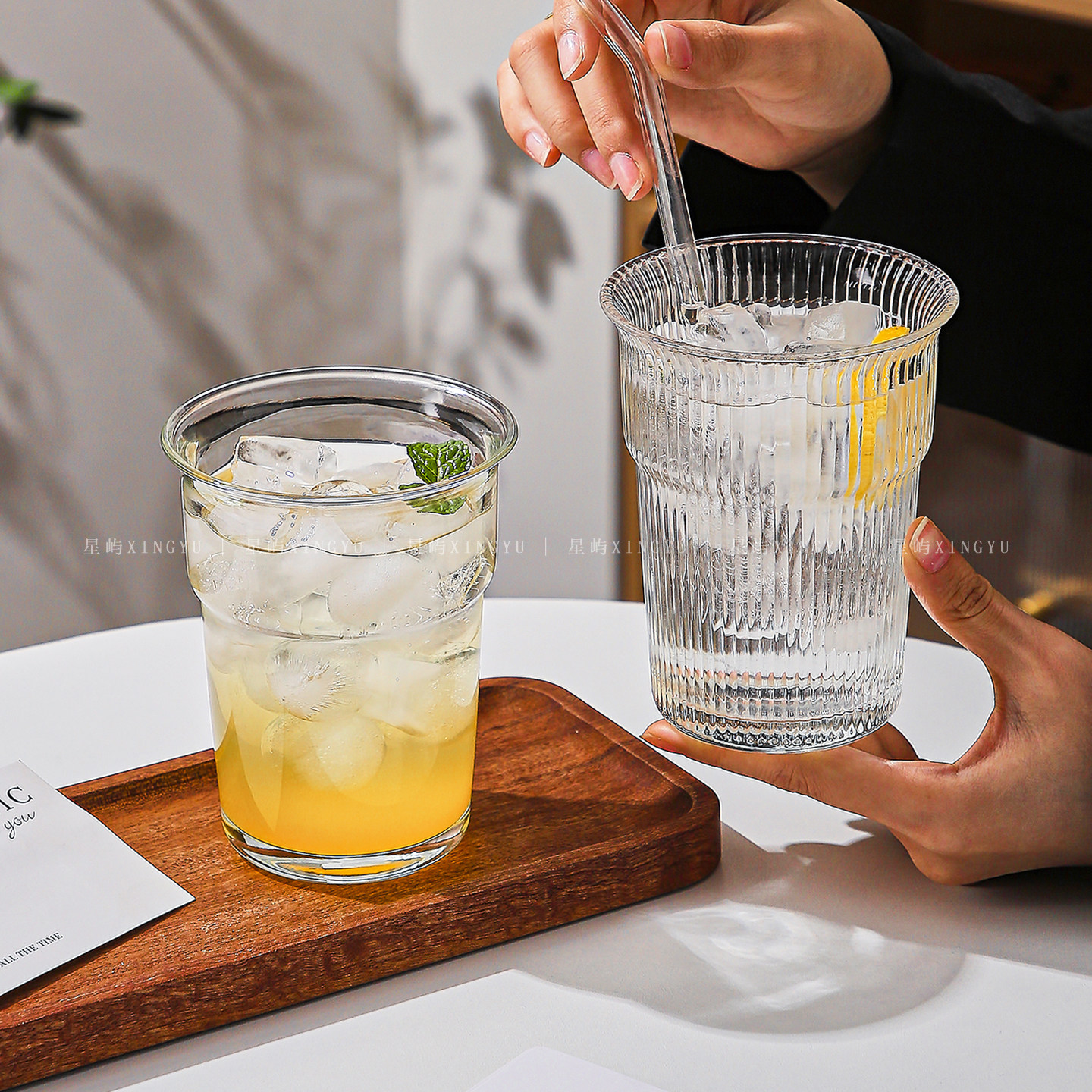 创意条纹玻璃杯ins风简约高颜值