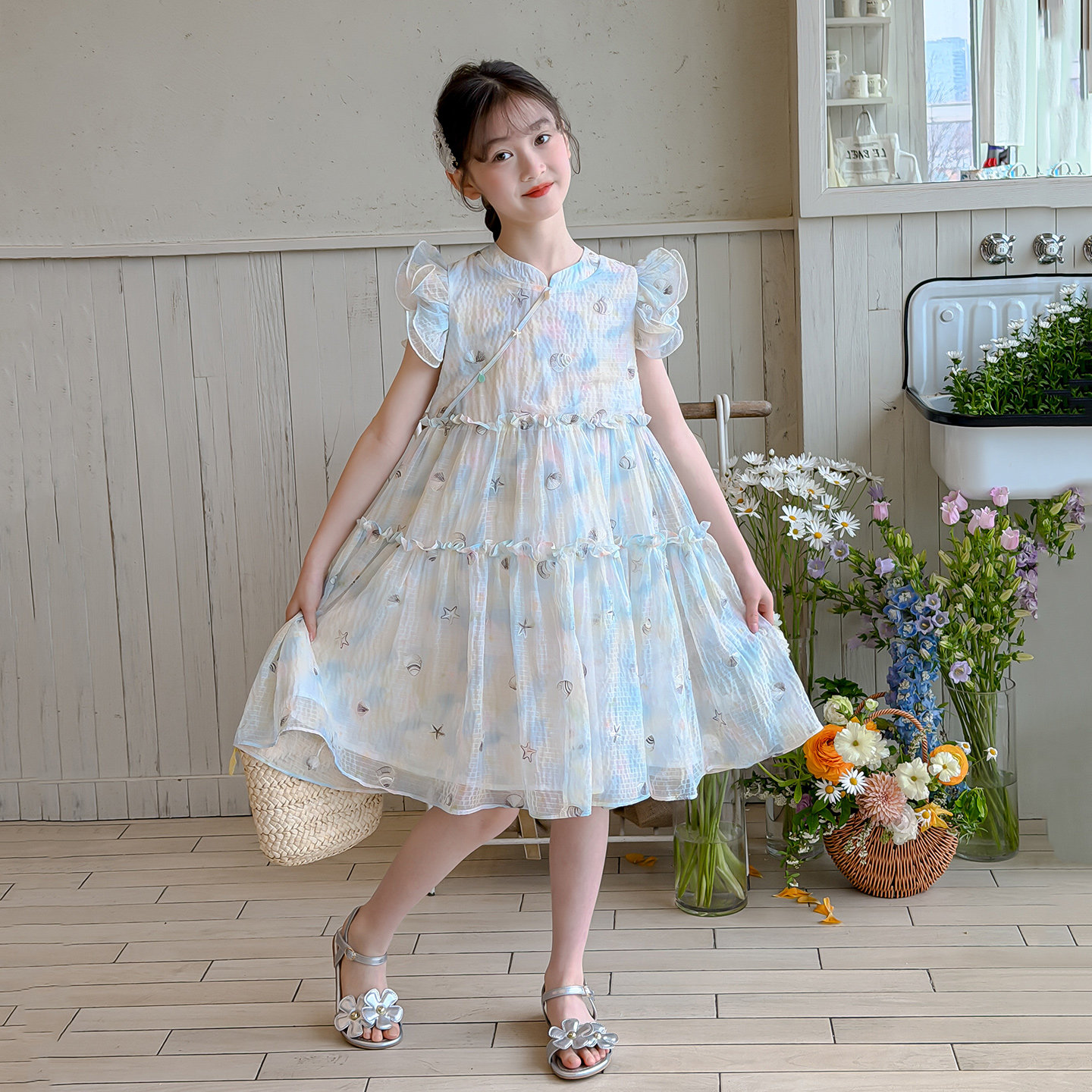 女童夏季新中式碎花旗袍连衣裙