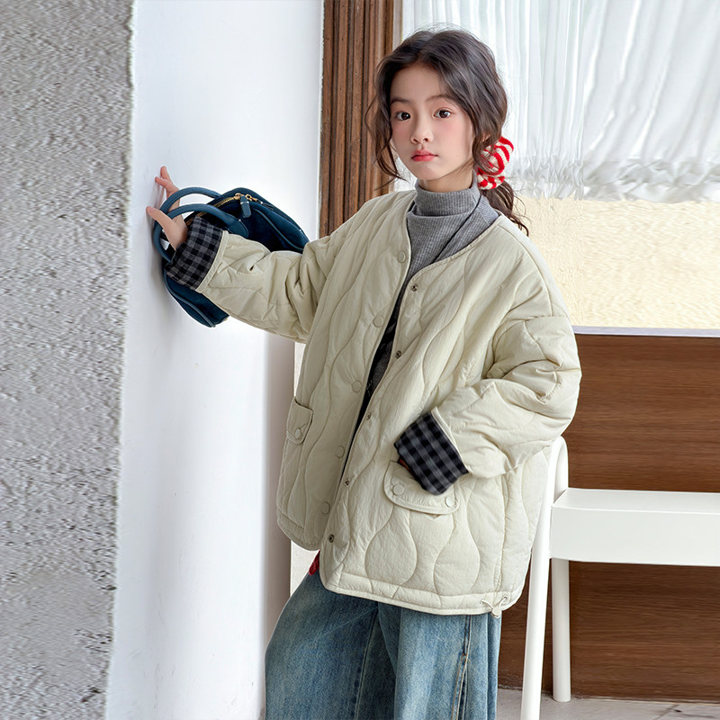 女童双面穿外套秋冬2025新款韩版儿童洋气夹棉上衣中大童轻薄棉衣