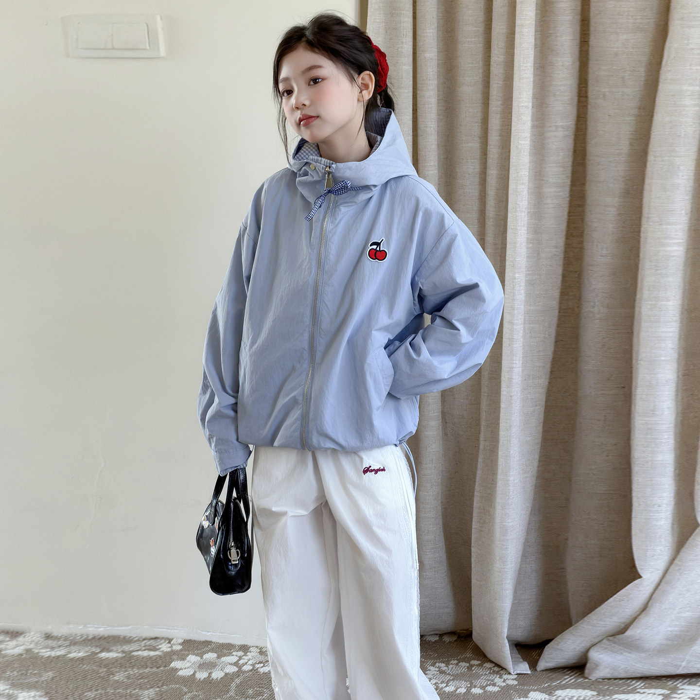 女童春秋双面穿连帽洋气外套