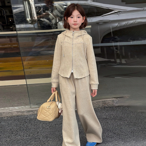 女童秋季连帽短外套阔腿裤套装
