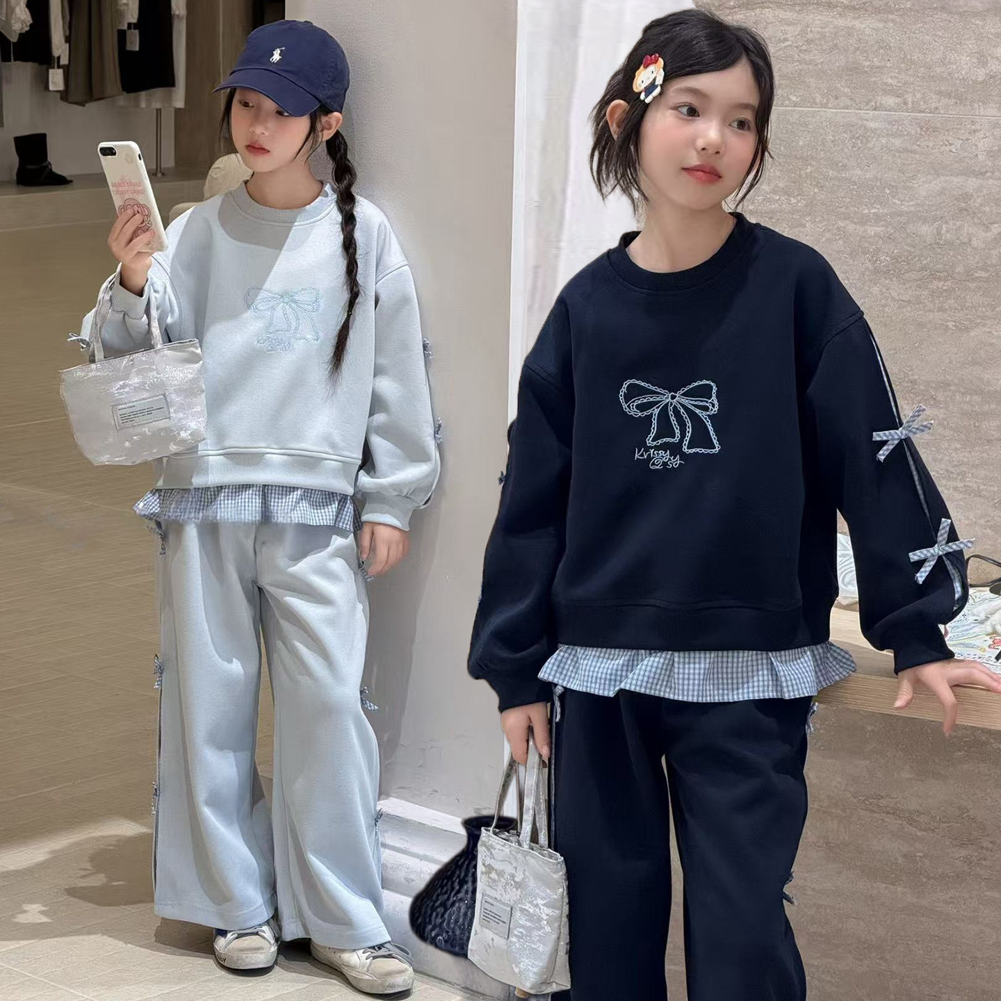 女童秋装套装卫衣蝴蝶结两件套