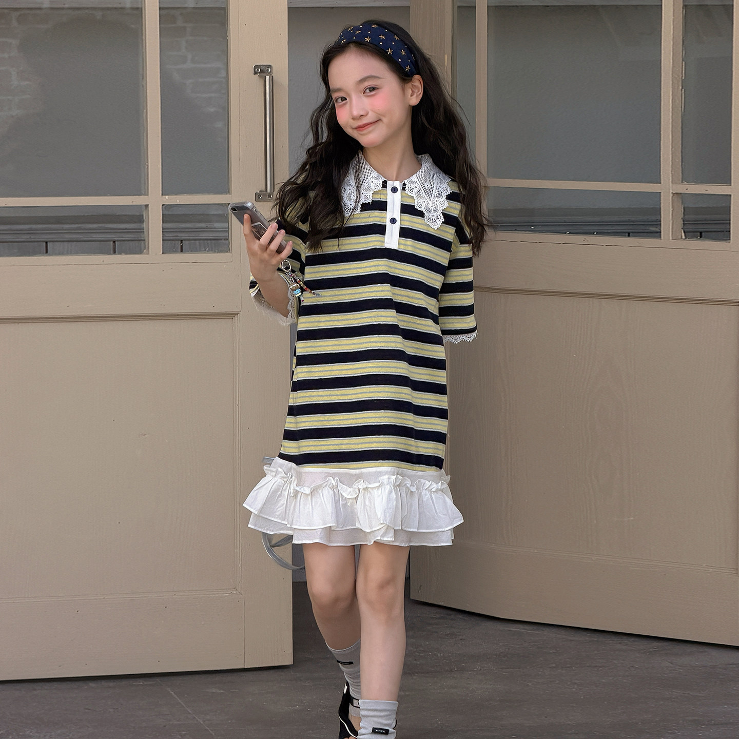 女童条纹POLO连衣裙夏季t恤裙子