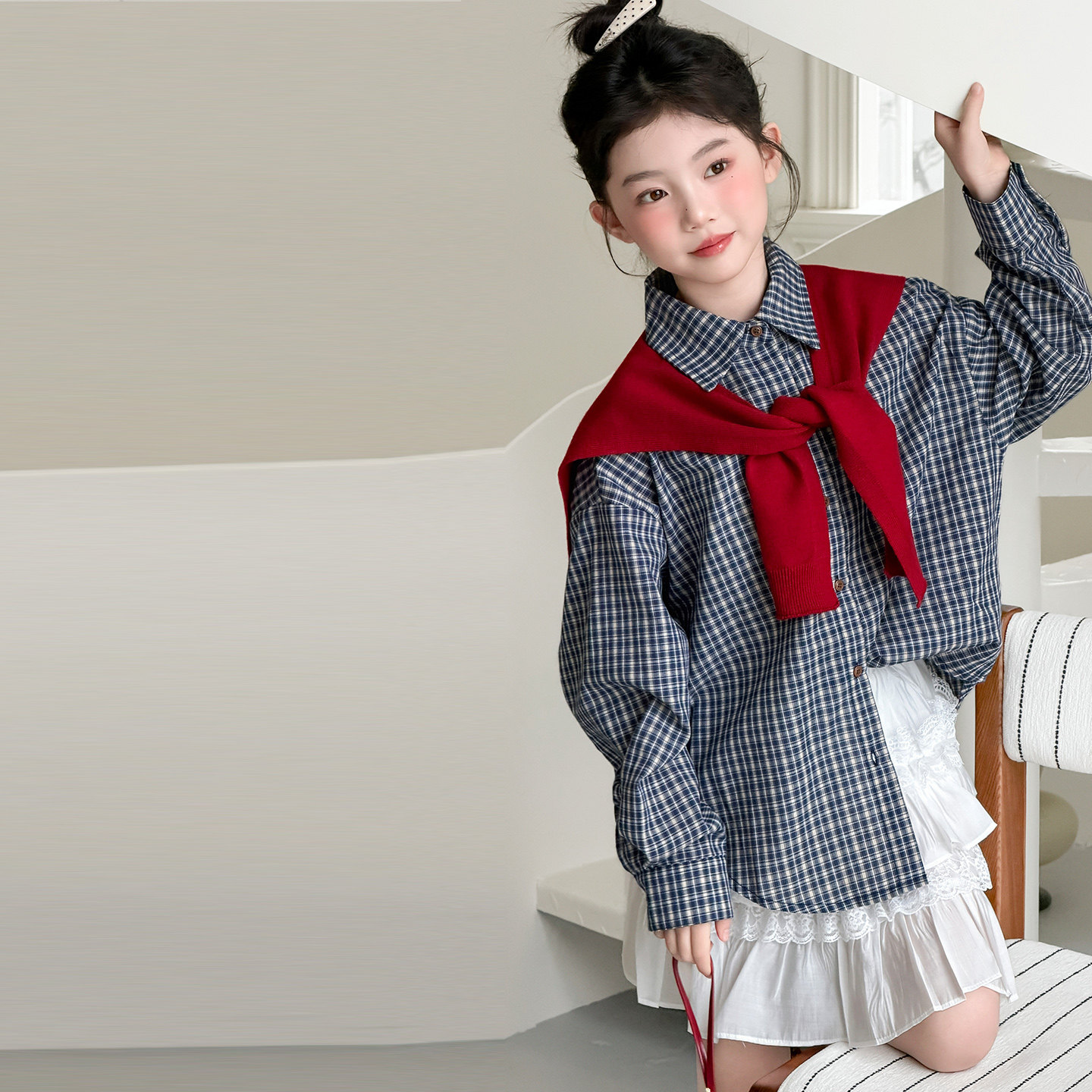 女童学院风格子衬衫2026新款