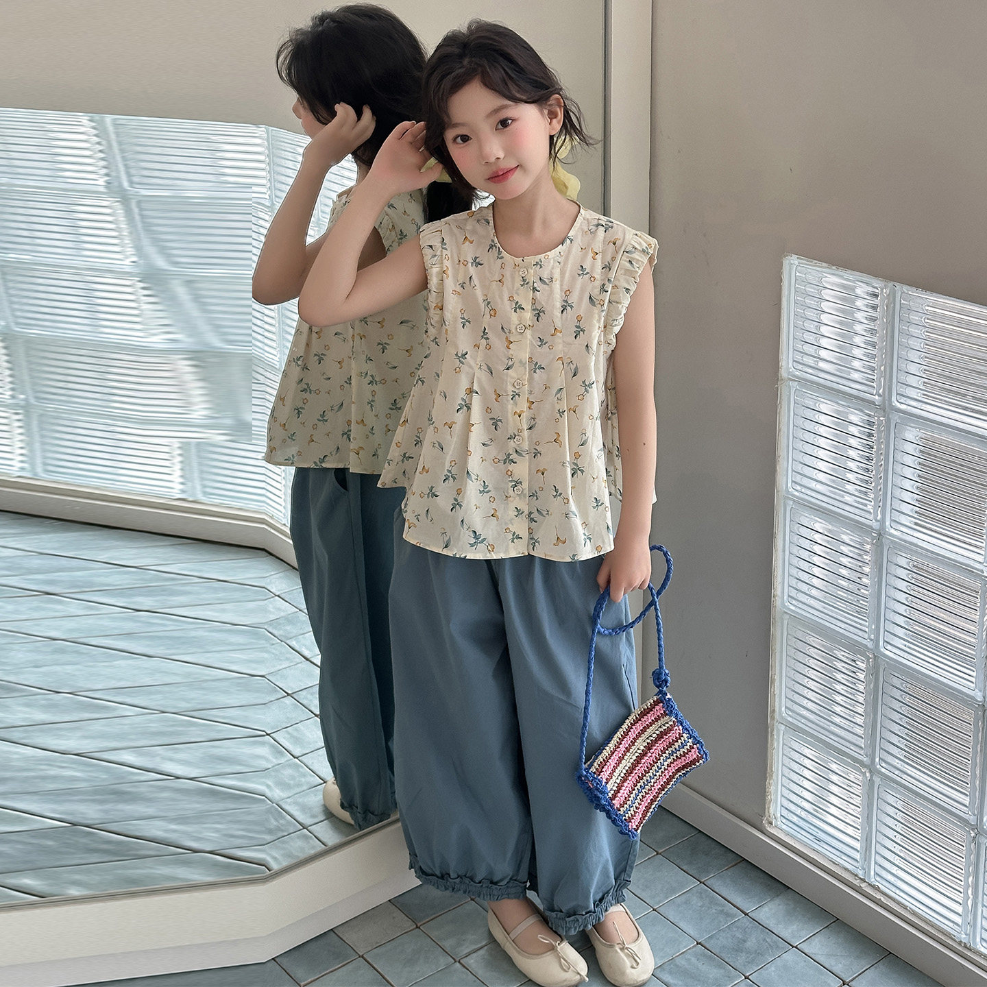 女童夏装甜美碎花阔腿裤两件套
