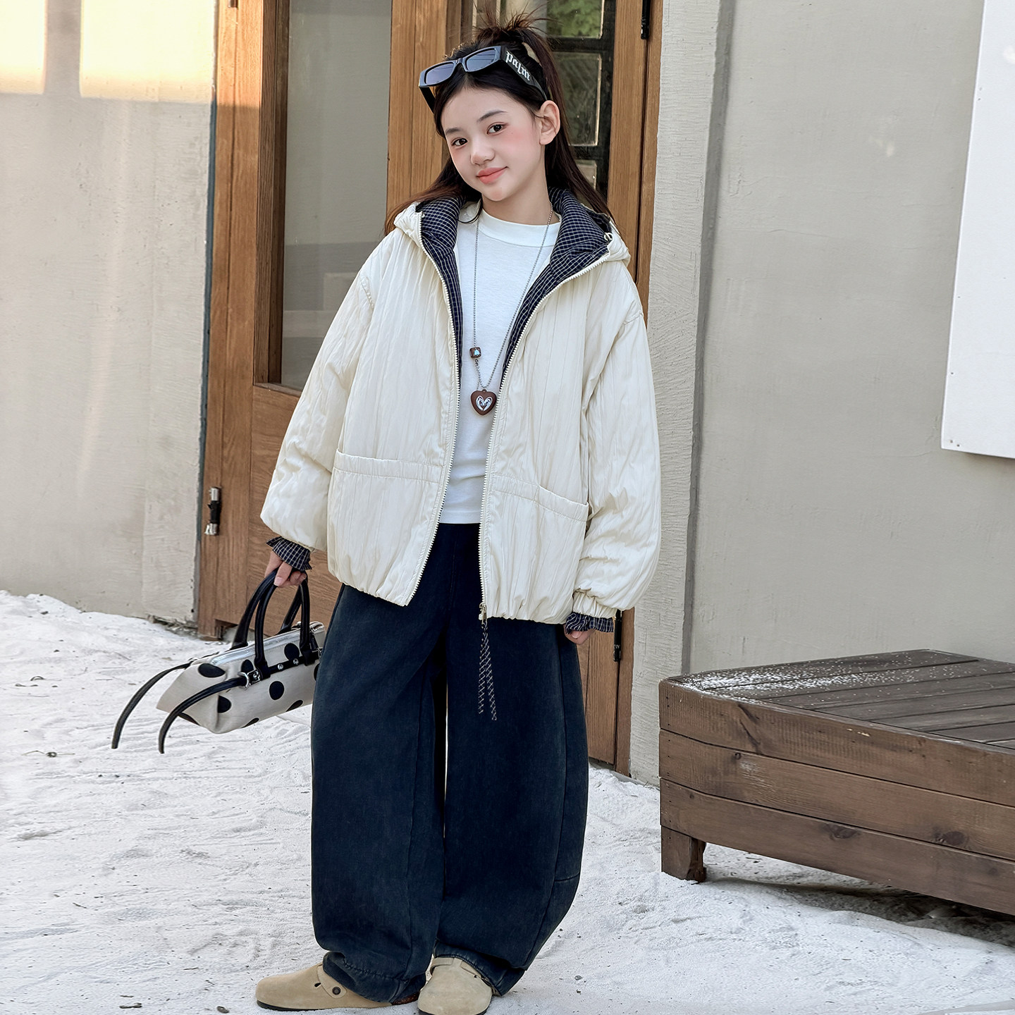 女大童连帽轻薄夹棉外套秋冬款