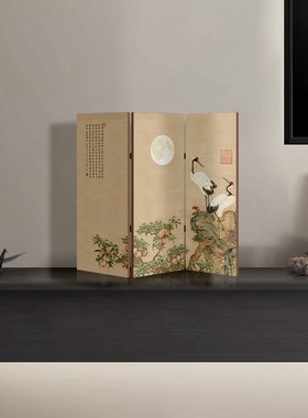 中式复古风仙鹤屏风摆件茶室书房禅意桌面可折叠边柜装饰摆台画