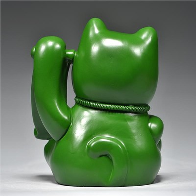 绿色木雕招财摆件实开木猫雕刻业送礼FJR01品店收银台家铺居客厅