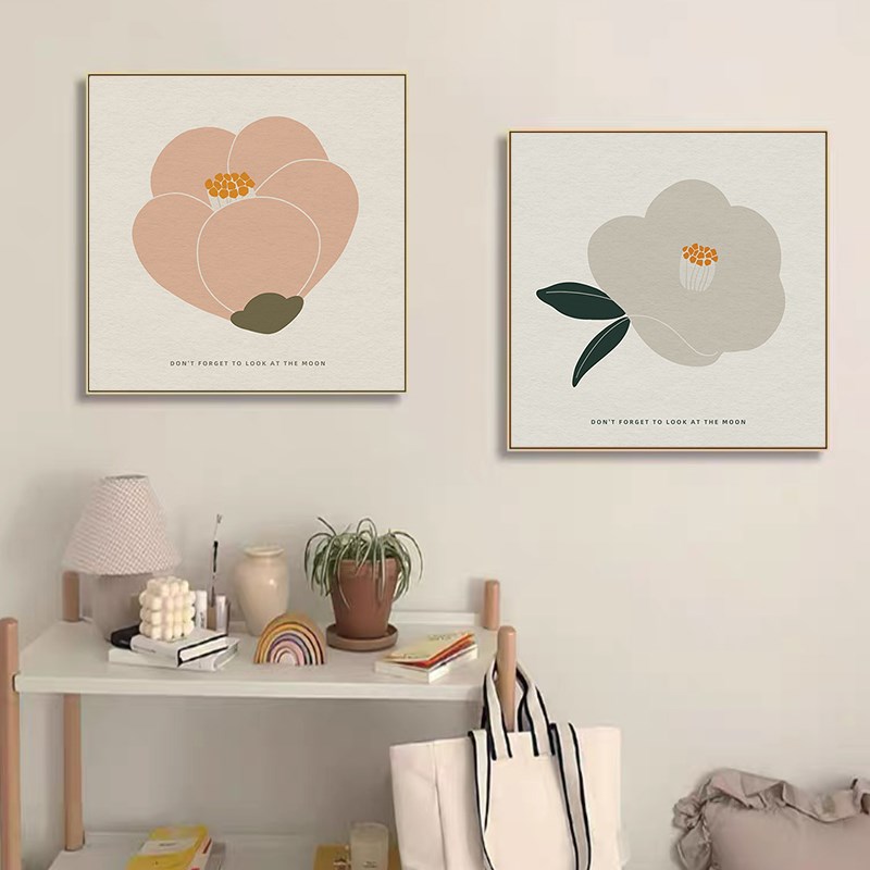 简约小清新山茶花装饰画ins风植物花卉客厅卧室挂画桌面斗柜摆画