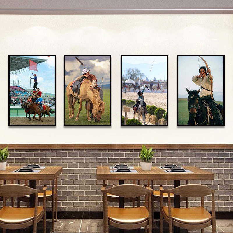 内蒙古装饰画餐厅饭店骑马射箭摔跤挂画酒店民宿背景墙民族风壁画图片