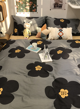 灰色欧美式田园花卉床上四件套全棉纯棉文艺1.5m1.8被套床单民宿