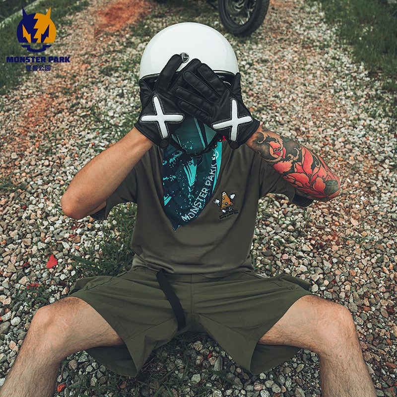 怪兽公园摩托车夏冰丝面罩黑白格面巾冷感三角巾