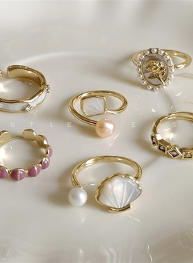 珍珠戒指女小众设计高级感时尚个性可调节贝母复古指环网红爆款