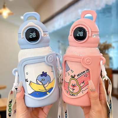 儿童显温保温杯男女孩上学专用吸管水杯带杯套防摔幼儿园水壶杯子