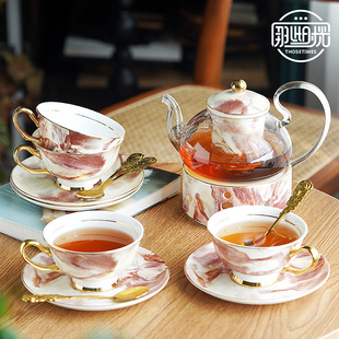 英式下午花茶具水果茶壶轻奢精致高档大理石纹蜡烛加热花茶杯套装