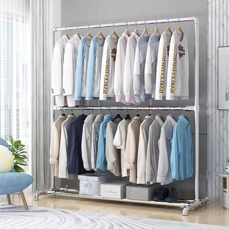 加厚镀锌管晾衣架落地立式室内挂衣阳台凉衣杆单杆两层挂衣架上下