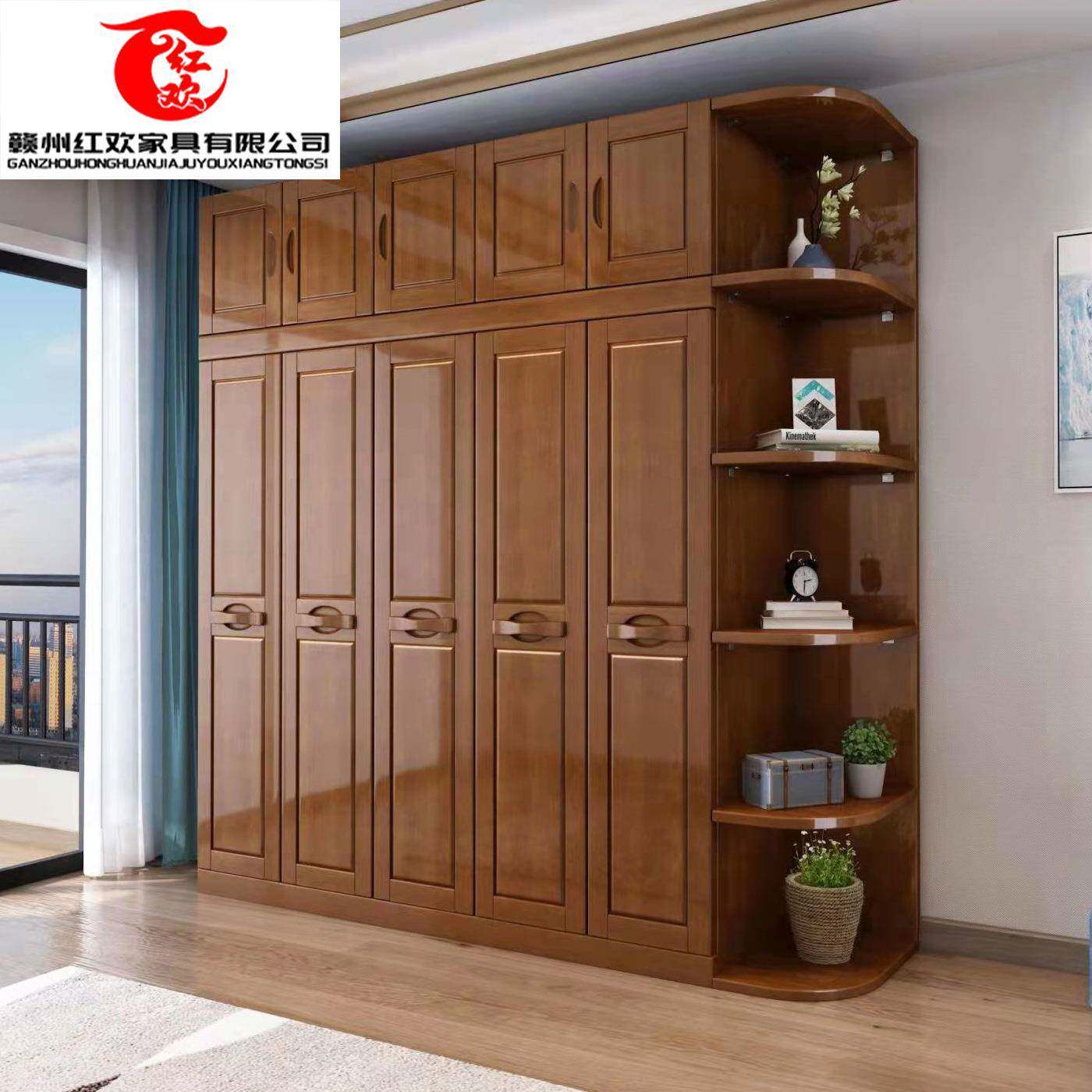 现代中式衣橱实木衣柜简约推拉对开门四门五门六门卧室小户型衣柜