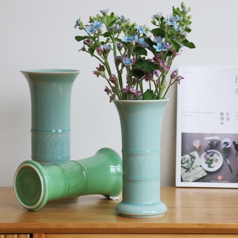 龙泉青瓷花瓶素色中式插花瓶宽口古典家居摆件装饰干花陶瓷花觚瓶,家居饰品,花瓶,淘宝优惠券,粉丝福利购,淘宝优惠卷