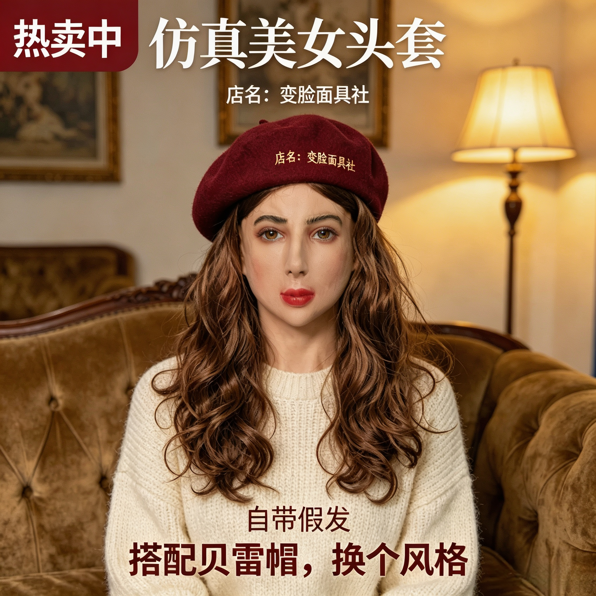 3D立体仿真美女头套男变女自带假发反串变装面具开箱即戴