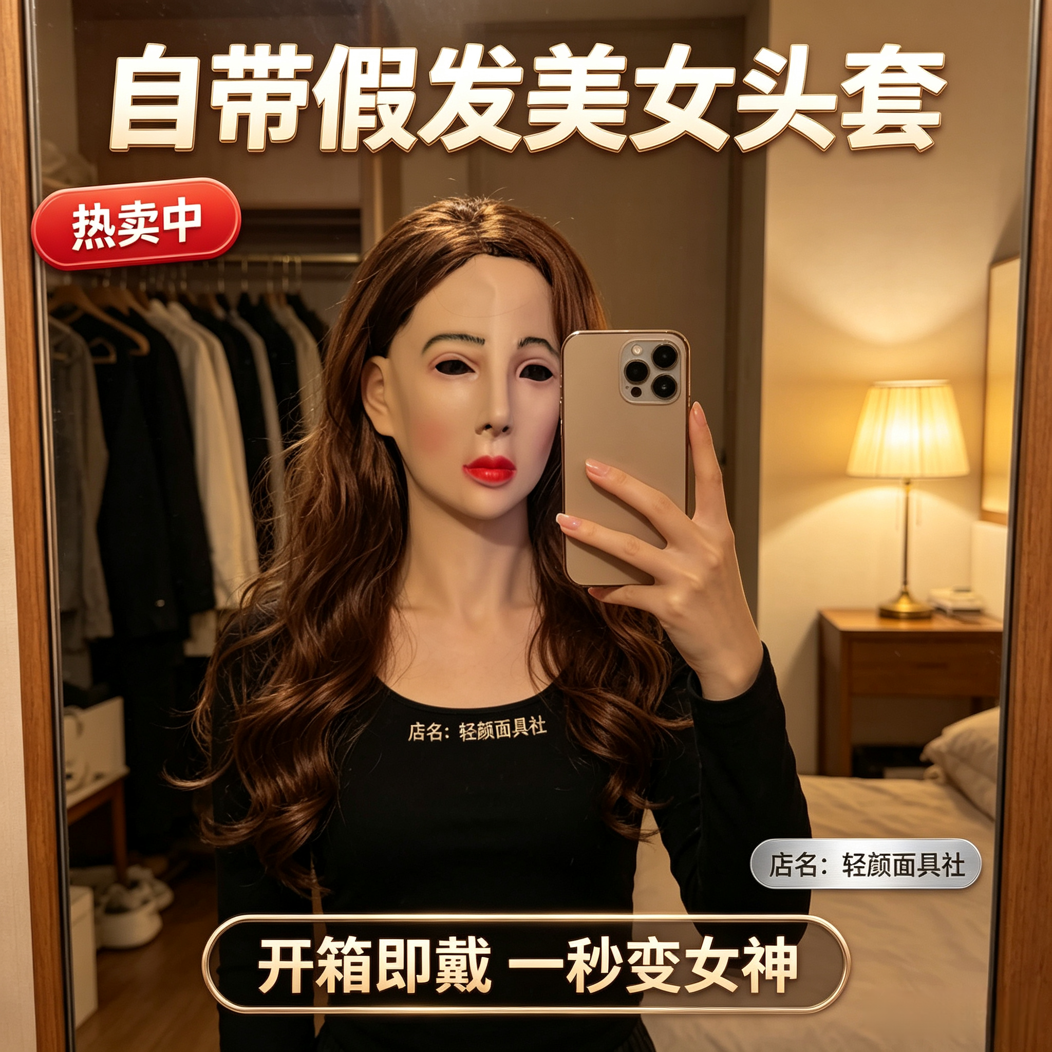 自带假发美女头套不用化妆开箱即戴男变女神反串COS面具