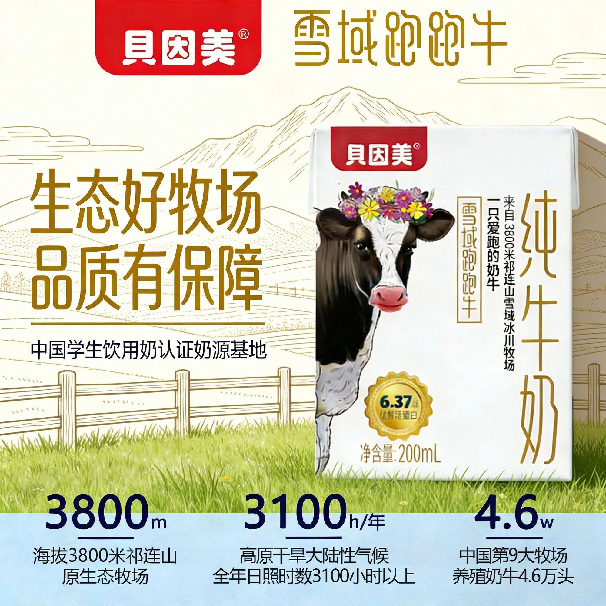 贝因美高原纯牛奶雪域跑跑牛3箱200ml*10盒全脂生牛乳早餐纯牛奶