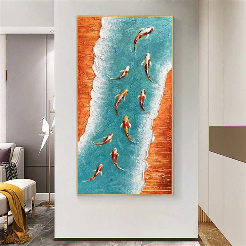 九鱼图客厅手绘装饰油画现代简约走廊过道挂画入户玄关壁画大芬村图片