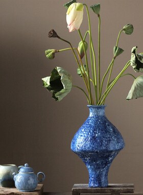 新中式蓝色锤纹陶瓷花瓶餐桌茶室禅意插花装饰品侘寂风花器摆件